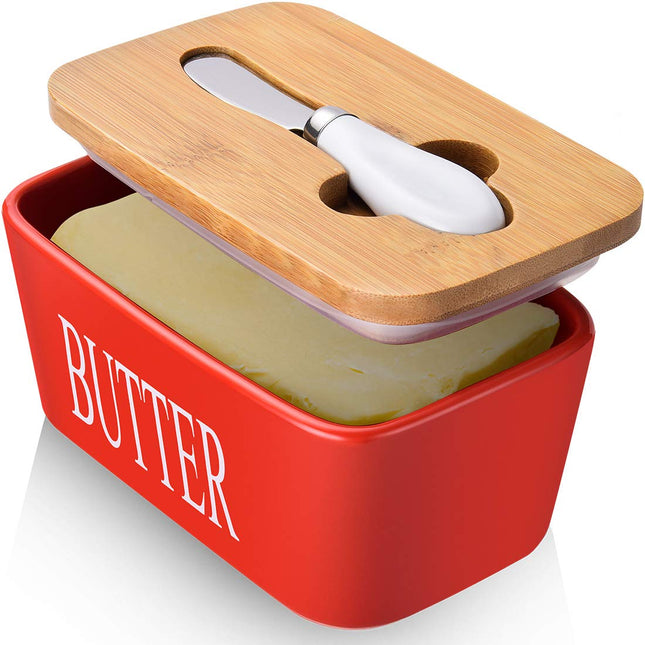 AISBUGUR Large Butter Dish with Lid Ceramics Butter Keeper Container with Knife and High- Quality Silicone Sealing Butte