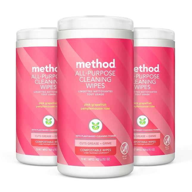 Method All-Purpose Cleaning Wipes, Pink Grapefruit, Multi-Surface, Compostable, 
