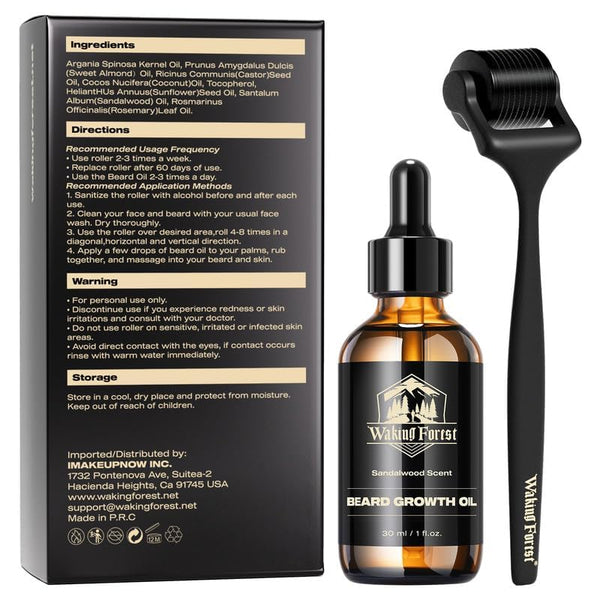 Waking Forest Derma Roller 0.25Mm & Beard Oil(1Oz), Sandalwood Beard Kit, Microneedle Beard Roller with 540 Titanium, Natural Moisturize with