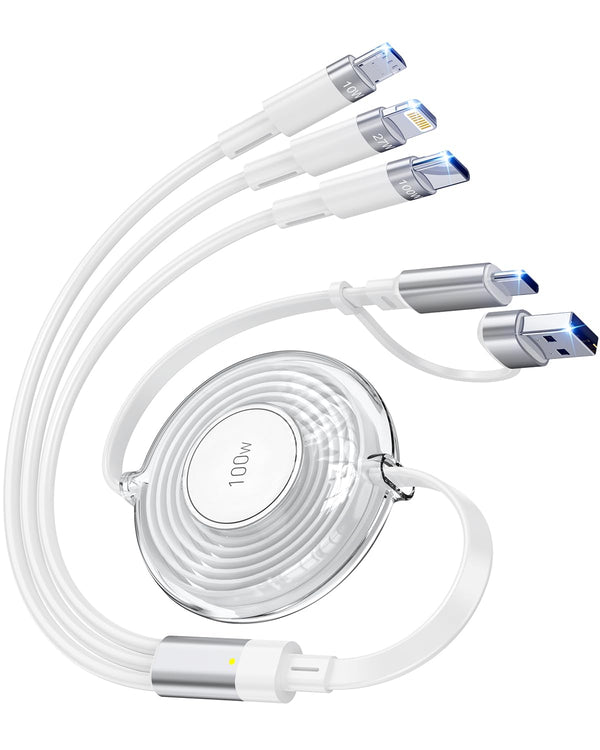 100W Multi USB Charging Cable, 6-in-1 Retractable USB C/Lightning/Micro Multi Charger Cords for iPhones, iPads, MacBook, Tablets, Galaxy, Note &
