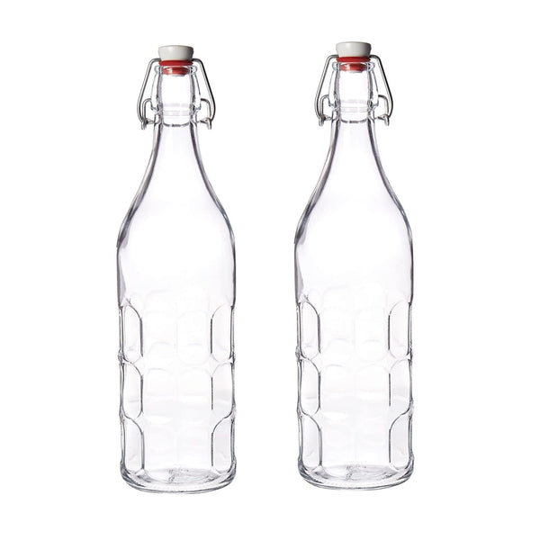 Bormioli Rocco Set of 2 Moresca Bottles, 33.75 Oz. Clear Textured Glass, with Swing Top Hermetic Lid, Leak Proof Water Bottle, Dishwasher Safe,