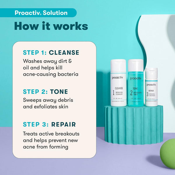 Proactiv 3 Step Acne Treatment - Benzoyl Peroxide Face Wash, Repairing Acne Spot Treatment for Face and Body, Exfoliating Toner - 30 Day Complete