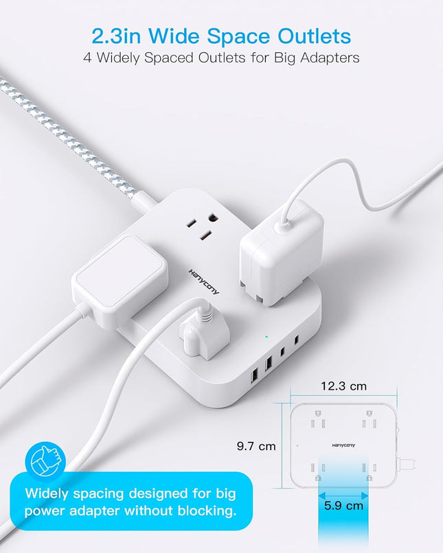 Flat Plug Extension Cord, HANYCONY 5Ft Power Strip with 4 USB Ports(2 USB C), 4 
