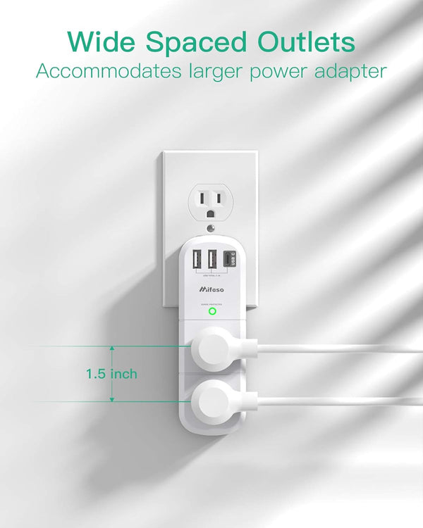 USB Outlet Extender Surge Protector - Mifaso Rotating Plug, 6 AC Multi Plug and 3 USB Ports (1 C), 1800 Joules, 3-Sided Swivel Power Strip Spaced