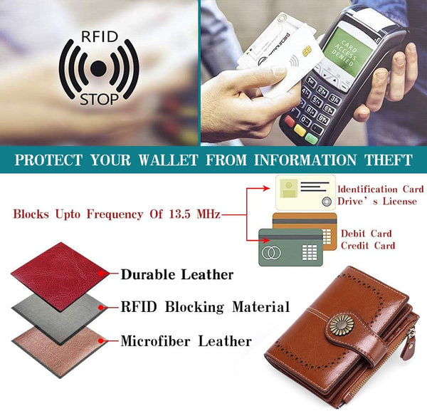 SENDEFN Small Womens Wallet Leather Bifold Card Holder RFID Blocking with Zipper Coin Pocket