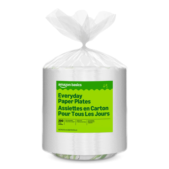 Amazon Basics Everyday Paper Plates, 8.62 Inch, Disposable, 200 Count