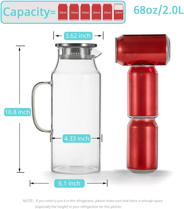 Bivvclaz 2 Liter 68 oz Glass Pitcher with Lid and Handle, Glass Carafe for Hot/Cold Water, Large Iced Tea Pitcher for Coffee, Juice and Homemade