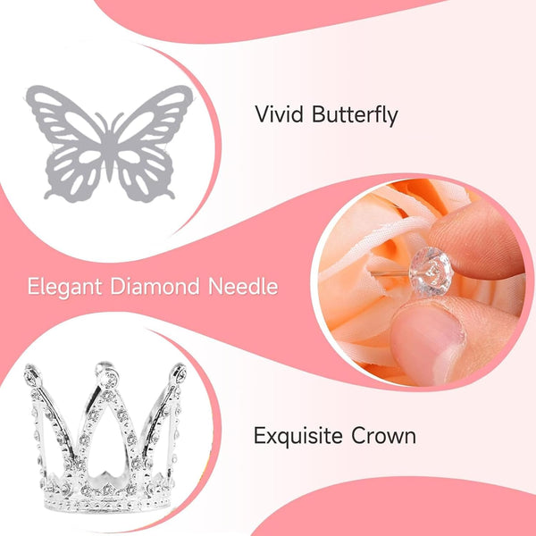 Flower Bouquet Accessories Including 4Pcs Crown Cake Topper Mini Tiara,12 Butterfly Decorations and 50Pcs Bouquet Pins for Birthday Wedding Silver