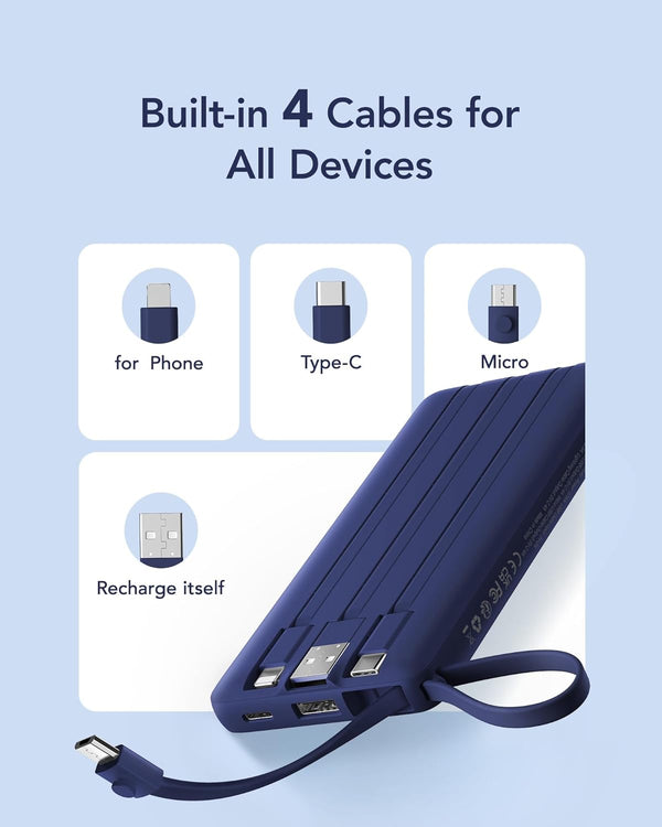 VRURC Portable Charger, Built in 4 Cables & Lanyard Power Bank 10000mAh Navy