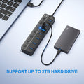 USB Hub 7 Port, USB Splitter with Individual On/Off Switches and Lights. Black