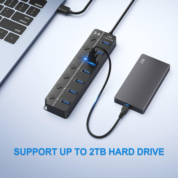 USB Hub 7 Port, USB Splitter with Individual On/Off Switches and Lights. Black