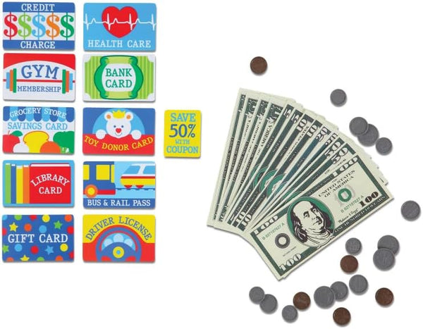 Melissa & Doug Pretend-to-Spend Toy Wallet With Play Money and Cards (45 pcs), Blue - FSC Certified