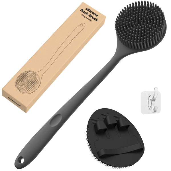 Manmihealth Silicone Back Scrubber(Thick Bristles) & Soft Bath Glove Set, Super-Exfoliating Body Scrubber & Super-Lathering Shower Brush