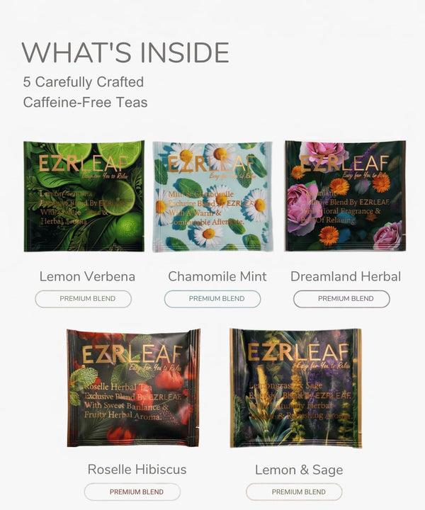 EZR LEAF Pura Caffeine-Free Herbal Tea Collection, 22ct Pyramid Tea Bags, Floral & Fruit Tea Gift Set with Lemon Verbena, Chamomile Mint,