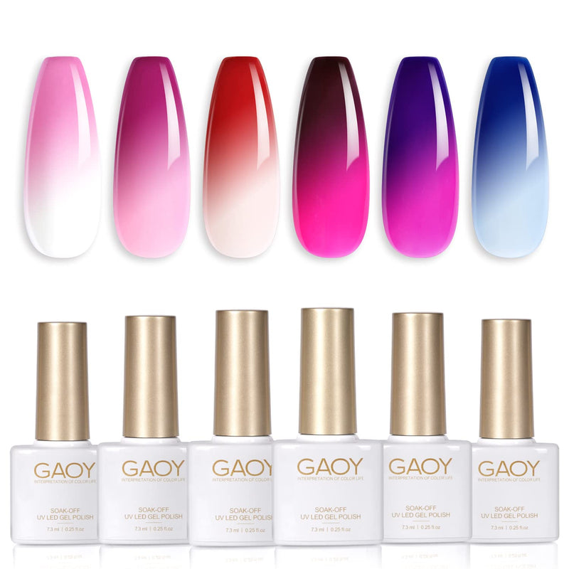 GAOY Color Changing Gel Nail Polish Set, 6 Temperature Mood Changing Colors Red Pink Purple, Soak Off UV Light Cure Gel Polish for Salon and Nail