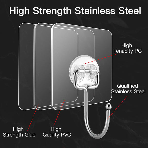 Large Hooks for Hanging Heavy-Duty 44Ib(Max) 10 Packs, Wall Hangers without Nails Self-Adhesive Traceless Clear and Removable, Waterproof and