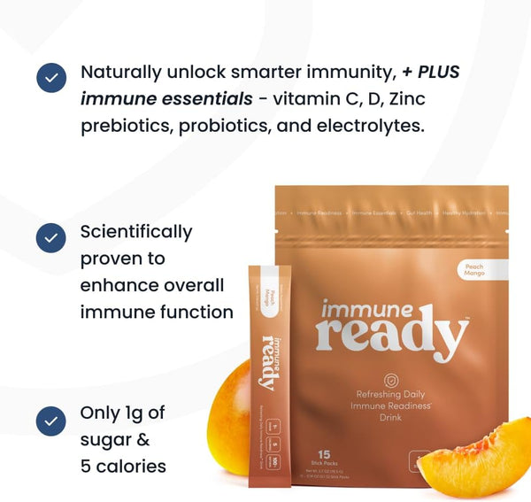 Immune Ready™ Immune Boost Drink Mix - All-In-One Immune Support, Gut Health, and Electrolyte Powder Packets with Vitamin C, Beta Glucan, Zinc,
