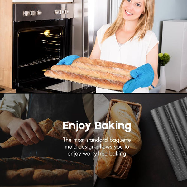 AMAGABELI GARDEN & HOME 2 Pack Baguette Bread Pan 15" x 13" Nonstick Perforated Baguette Tray French Bread Baking 4 Wave Loaf Bake Mold Toast