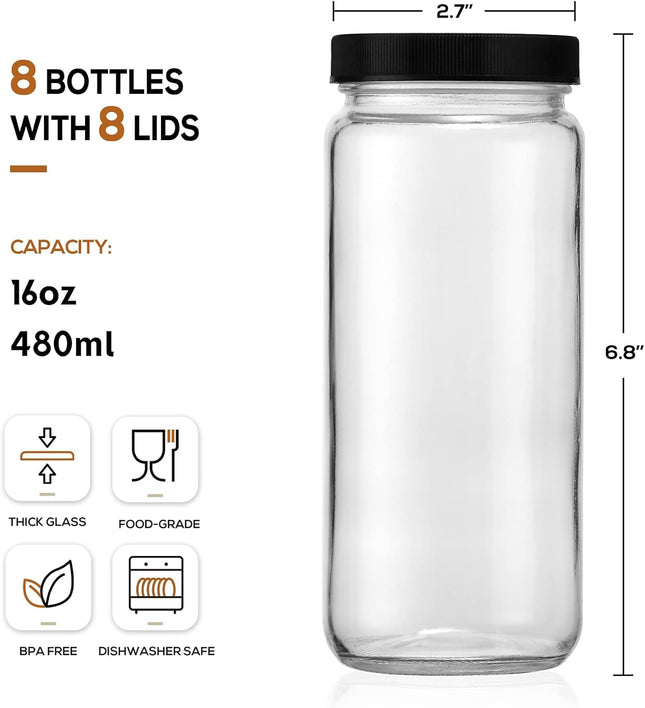 [ 8 Pack ] Glass Juicing Bottles with 2 Straws & 2 Lids W Hole- 16 OZ Travel Dri