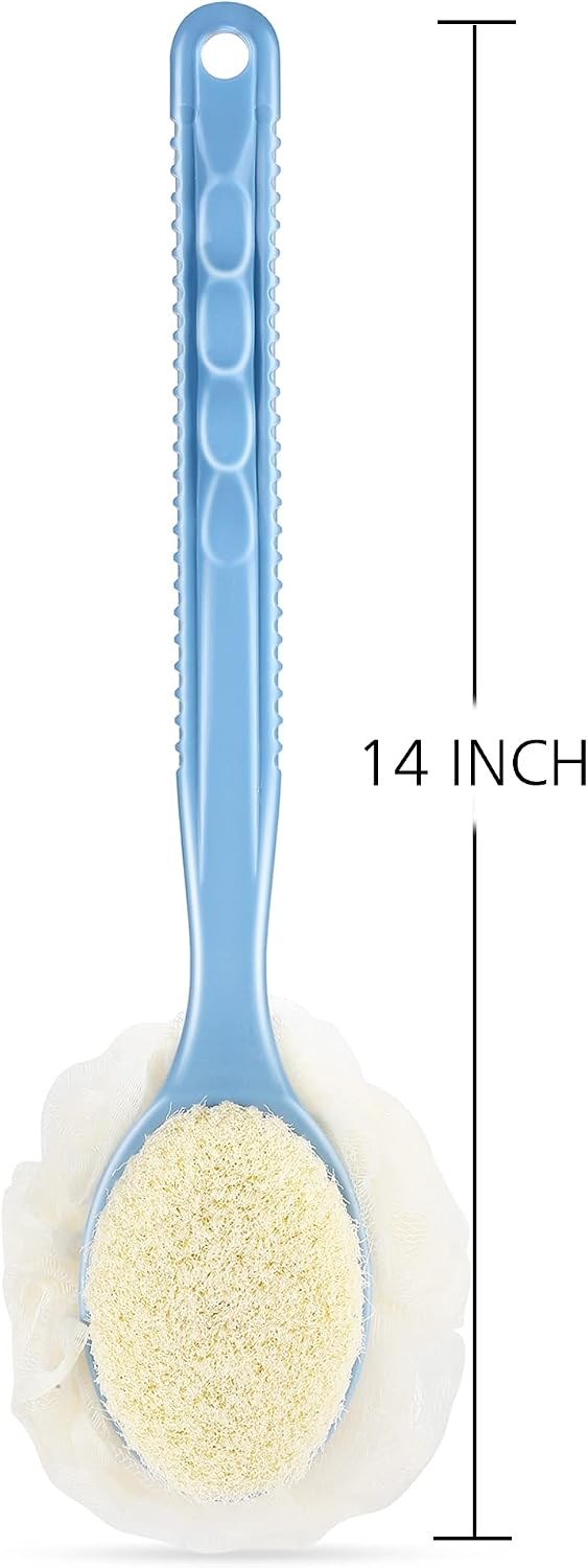 Shower Body Brush Bristles & Mesh Loofah Sponge,Curved Handle Back Scrubber Grey