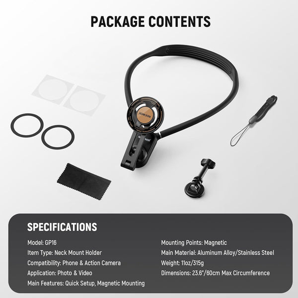 NEEWER Magnetic Neck Holder for Action Camera & Phone, GP16 GP-16(Black)