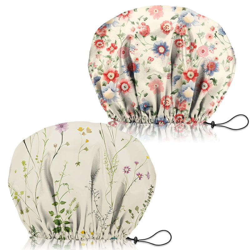 2 PCS Shower Cap Adjustable Reusable Double Waterproof Layer Elastic Hair Bath Cap Cute Aesthetic for Women Girls-Leaf I6-Leaf