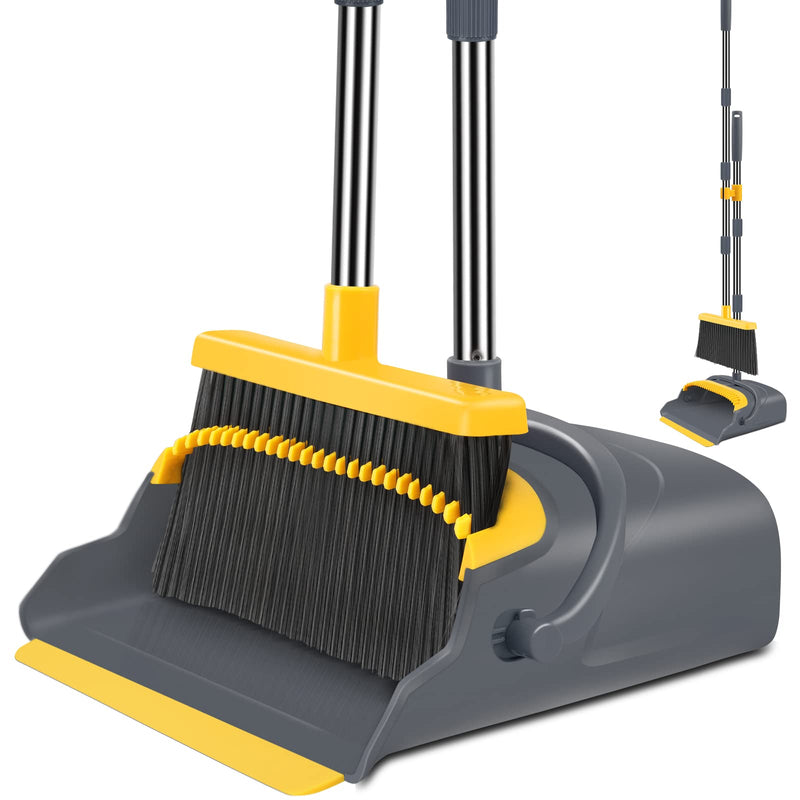 Upgrade Broom and Dustpan Set, Broom with Dustpan Combo Set, Self-Cleaning with Dustpan Teeth, Indoor&Outdoor Sweeping, Stand Up Broom and Dustpan