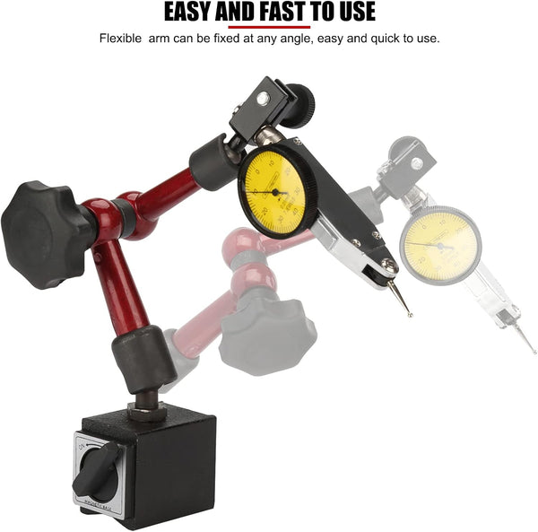 0 to 0.8mm Lever Type Test Indicator with Magnetic Base Set, 32mm Dial Diameter with Rotating Bezel and 200mm Flexible Adjustable Arm