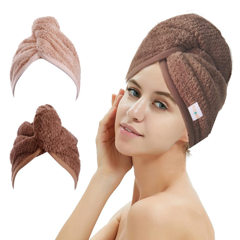 M-bestl 2 Pack Hair Drying Towels, Hair Wrap Towels, Absorbent Microfiber Hair Towel Turban with Button Design to Dry Hair Quickly(Coffee& Pink)