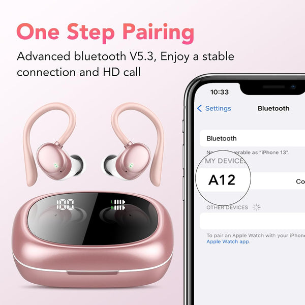 KT1 Wireless Earbuds V5.3, 120H Playtime, Bluetooth Earphones for Small Ear, IPX7 Waterproof Running Headphones, Deep Bass, over Ear Sport