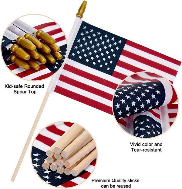 12 Pack Small American Flags on Stick Small US Flags/Mini American Flags for Outside 4x6 Inch American Hand Held Stick Flags with Kid-Safe Spear