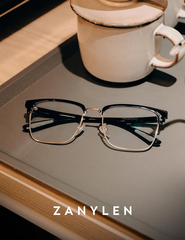 ZanyLen Blue Light Glasses Men Rectangle Large Browline Computer Gaming Glasses 01-52179-gold Clear
