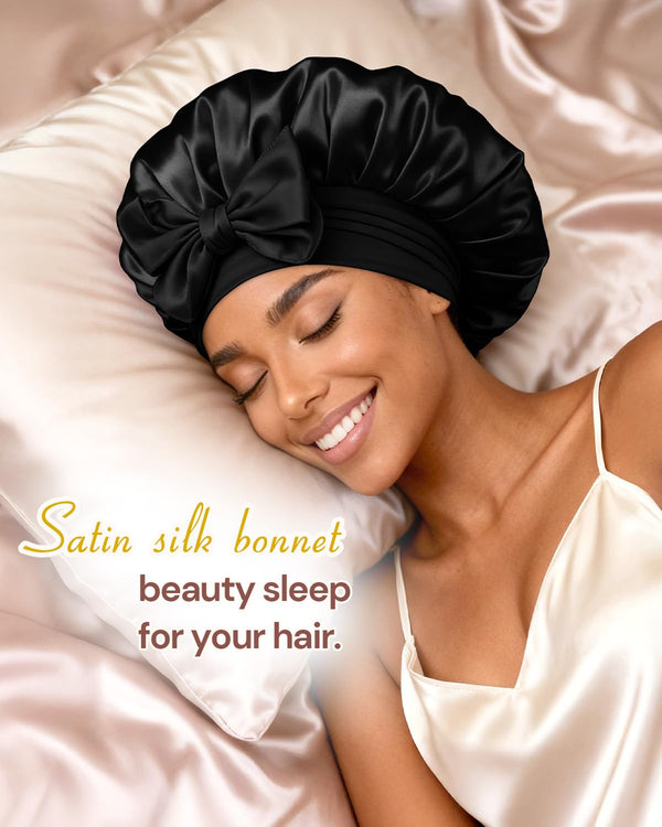 BONNET QUEEN Double Layer Silk Bonnet for Sleeping for Women Satin Lined Bonnet Night Cap for Curly Hair with Tie Band,Black Medium Black