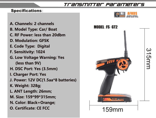 Flysky FS-GT2 RC Transmitter with FS-GR3E Receiver, 2.4GHz 2 Channel Digital Radio Controler and Receiver for RC Car Boat