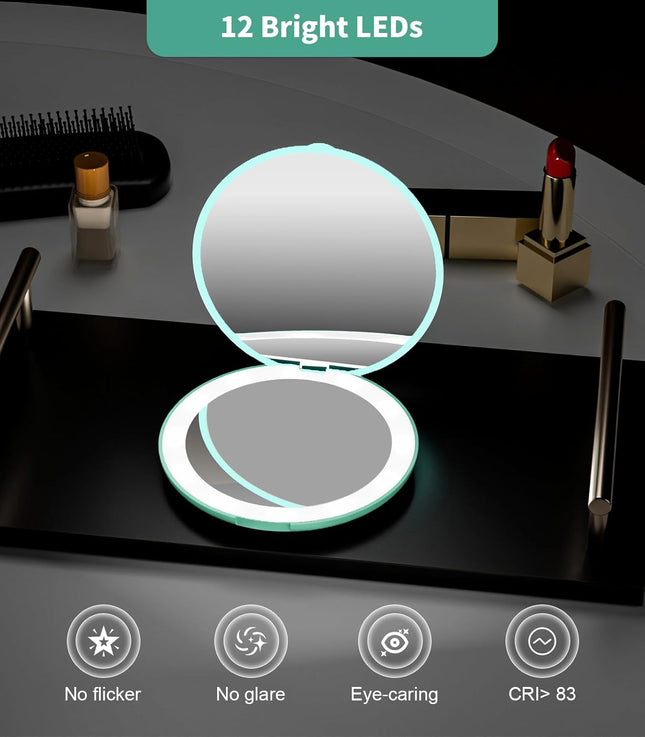 Wobsion LED Lighted Travel Makeup Mirror, 1X/10X Magnification, Compact, Portabl