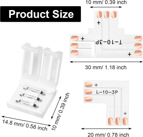 Mudder 28 Pieces 3 Pin LED Connector LED Strip Solderless Light l Shape Lights Extension T Shape Solderless Adapter Connector 10 mm for WS2811