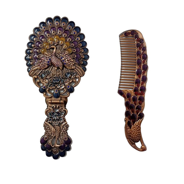 Rayberro Vintage Handheld Mirror with Comb Set, Metal Embossed Peacock Vintage H