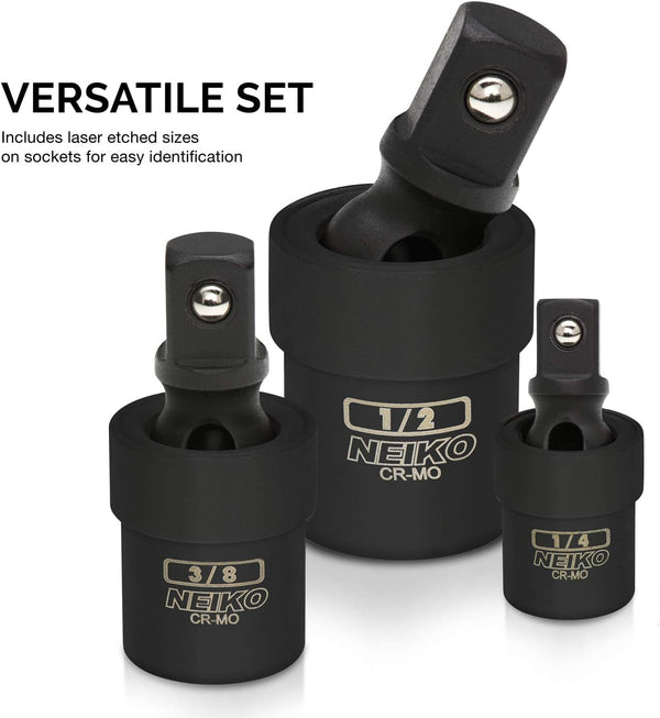 NEIKO 02486A Impact Universal Joint-Socket Swivel Set, Socket Extension Set Made From Cr-Mo with Included 1/4-, 3/8-, and 1/2-Inch Sockets, Set of