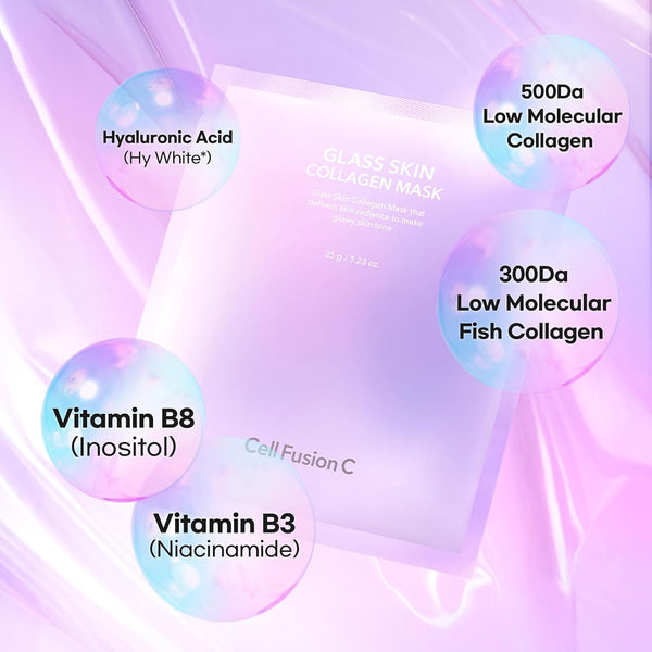 Cell Fusion C Glass Skin Collagen Mask, 1.23 oz. x 5 Sheets, Overnight Hydrogel Mask with Triple Collagen, Hydrating and Plumping, Korean Skincare