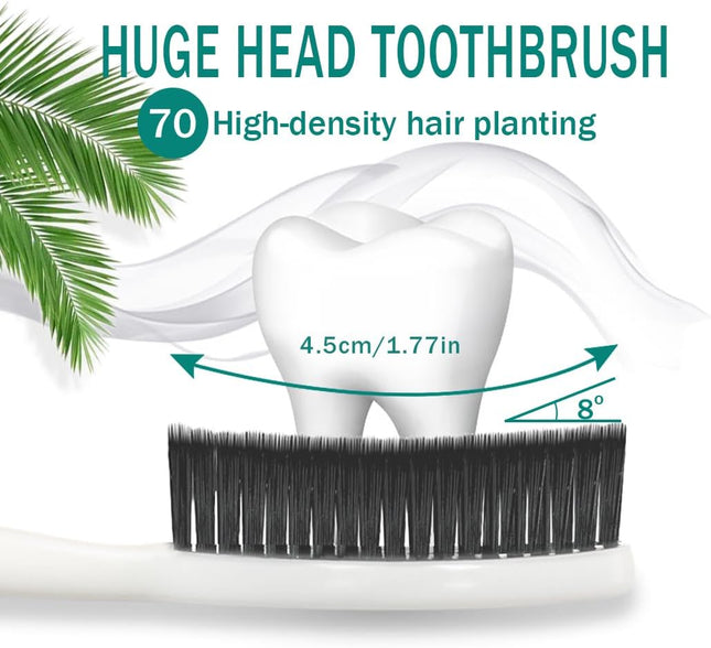 Large Long Head Toothbrush, 4-Pack, Upgraded Hard & Firm Charcoal Bristles, Whit