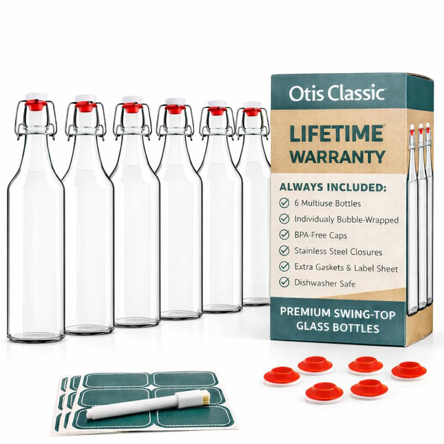 Otis Classic Swing Top Glass Bottles - Set of 6, 16oz w/Marker & Labels - Clear Bottle with Caps for Juice, Water, Kombu