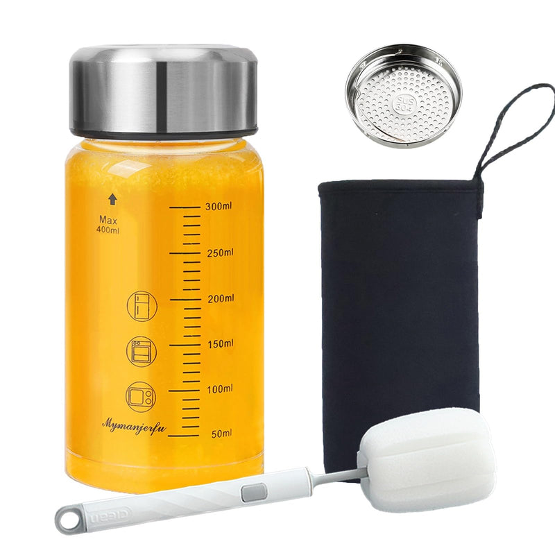 Glass Juice Bottles 16 Oz - Wide Mouth Glass Water Bottles with Lids and Sleeve- for Juicing, Smoothies, Milk, Protein, Reusable, Stainless Steel