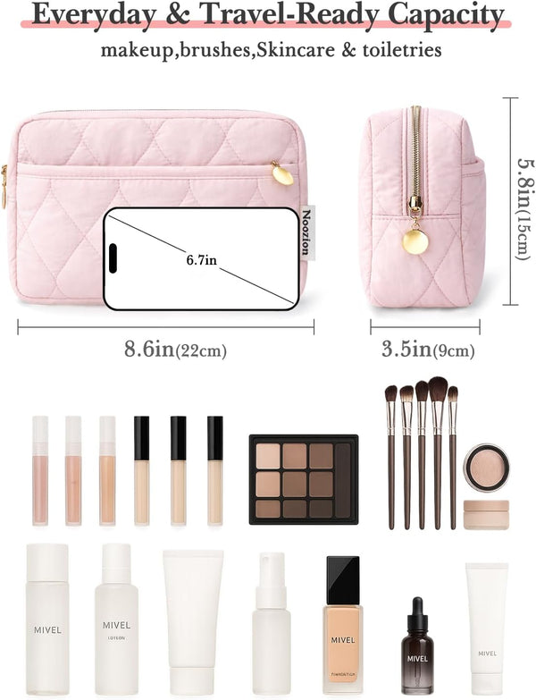 Noozion Makeup Bag Travel Toiletry Bag, Puffy Padded Cosmetic Bag for Women, Makeup Organizer Case, Wide-open Pouch Purse, Travel Essentials Black
