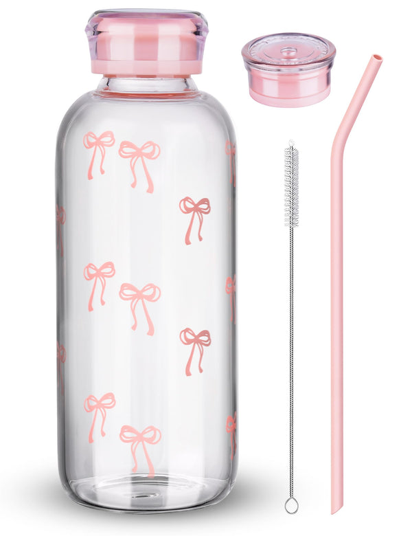 NiHome 25oz/750ml Clear Glass Water Bottle with 2 Caps & Stainless-Steel Straw, Temperature Resistant Durable High Borosilicate Glass Drinkware