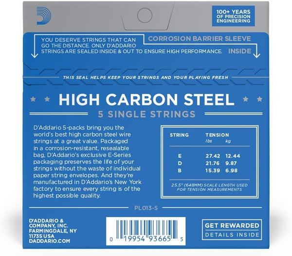 D'Addario PL013-5 Plain Steel Guitar Single String, .013 5-pack 5-Pack .013 gauge