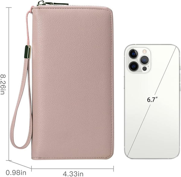 GOIACII Womens Wallet RFID Blocking Leather Zip Around Wallet Large Capacity Long Purse Credit Card Clutch Wristlet A02 Pink
