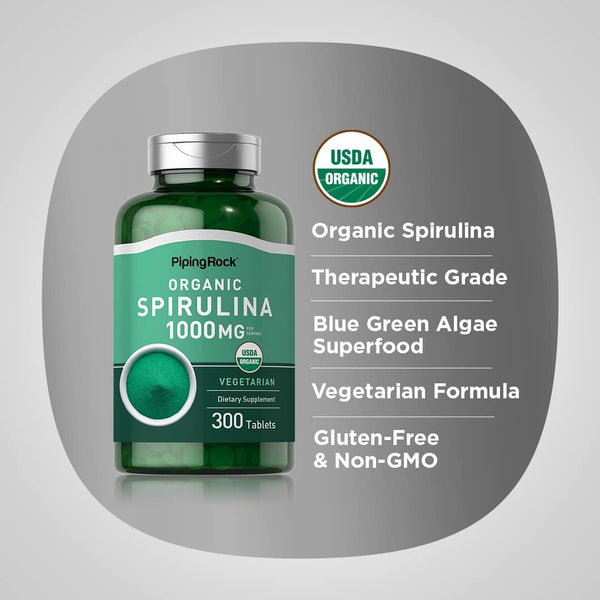 Piping Rock Organic Spirulina | 1000mg | 300 Tablets | Arthrospira Platensis | Vegetarian, Non-GMO, Gluten Free Supplement