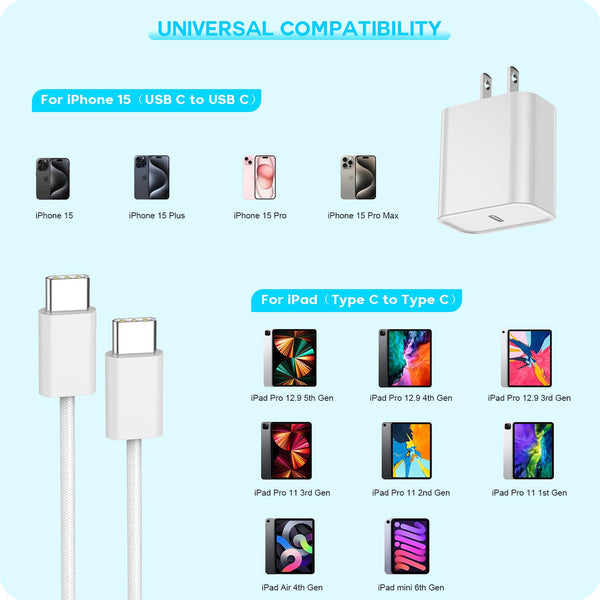 Fast Charger for iPhone 17 16 15, 3Pack USB C iPad Charge PD Fast Charger Block 6FT Long USBC to Type C i Phone Charging Cable Cord for iPhone 17