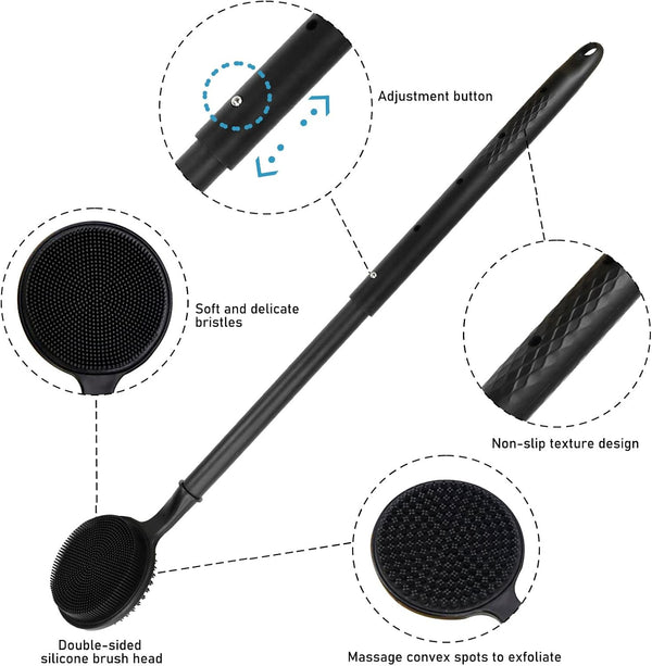 OZNER 24 Inches Silicone Back Scrubber for Shower - Extendable Long Handle Shower Brush with Dual-Sided Bristles - Exfoliating Body Scrubber for