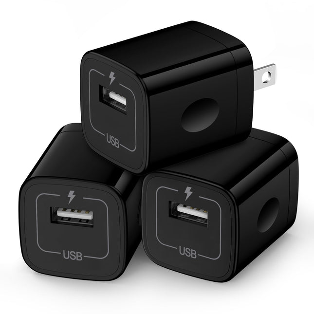 Wall Charger Cube,1A/5V Single Port USB Plug 3 Pack Travel Black Charging Block Box Adapter Compatible Phone,Samsung Gal